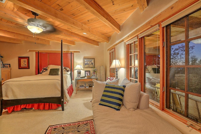bedroom with carpet floors, beam ceiling, and wooden ceiling