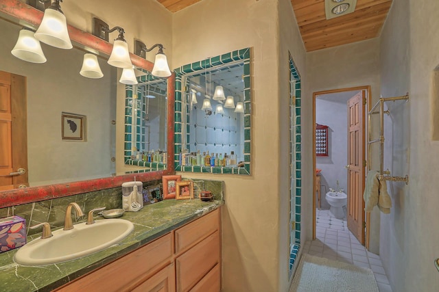 253 Spring Creek Pl NE, Albuquerque, NM 87122 - bathroom featuring tile patterned floors, wooden ceiling, vanity, a stall shower, and a bidet