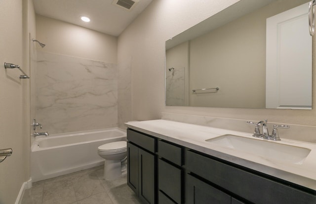 bathroom featuring toilet, shower / tub combination, tile patterned floors, visible vents, and vanity