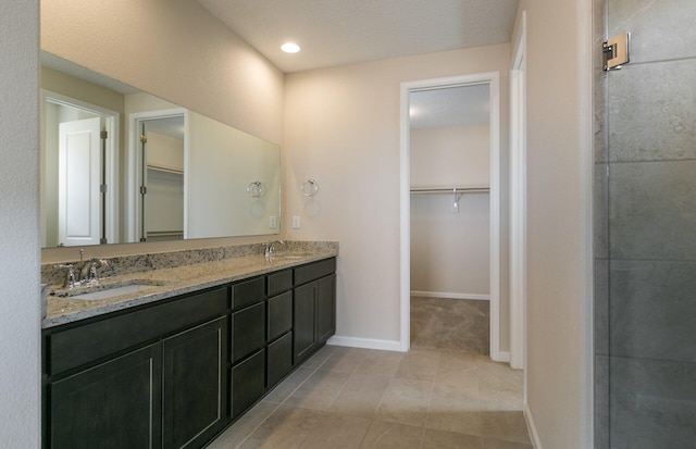 bathroom with a sink, double vanity, and a spacious closet
