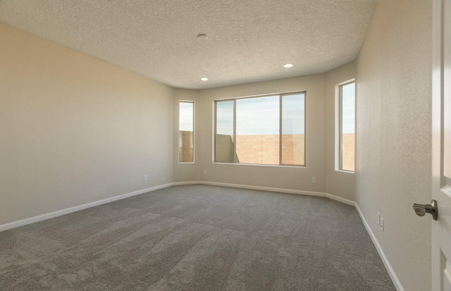empty room featuring baseboards, dark colored carpet, and a textured ceiling