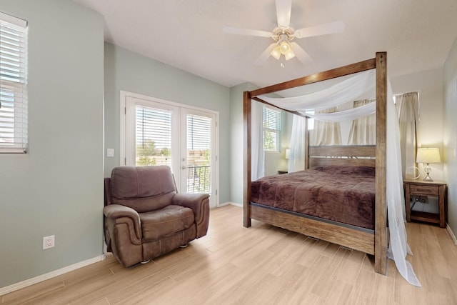 3404 Lockerbie Dr SE, Rio Rancho, NM 87124 - bedroom featuring light wood finished floors, baseboards, ceiling fan, and access to exterior