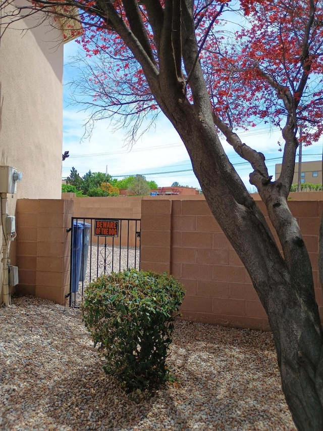 view of side of home featuring stucco siding, fence, and a gate
