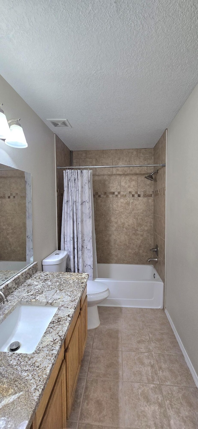 full bath featuring visible vents, toilet, tile patterned floors, shower / bathtub combination with curtain, and vanity