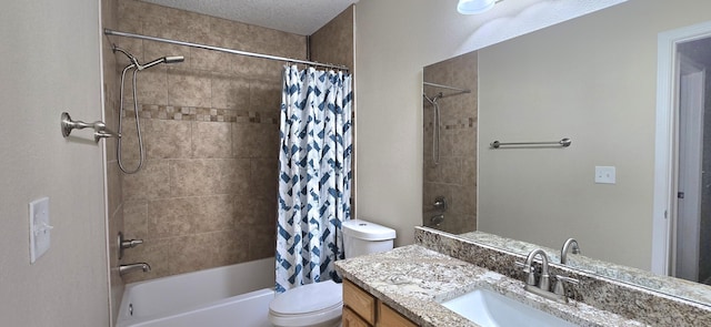 full bath featuring shower / bathtub combination with curtain, vanity, and toilet