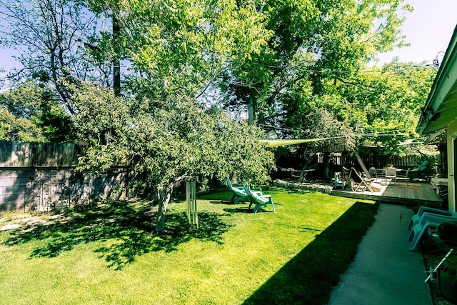 view of yard with a fenced backyard and a deck