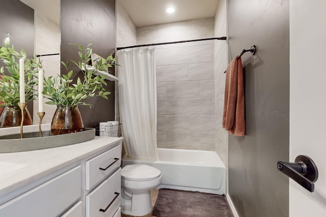 full bath featuring toilet, vanity, and shower / bathtub combination with curtain