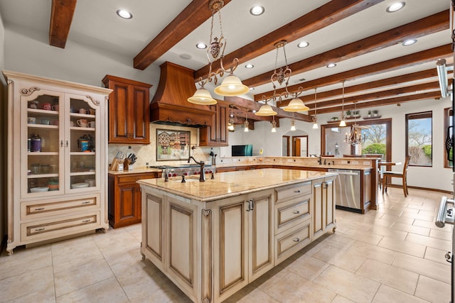 kitchen with recessed lighting, backsplash, dishwasher, beamed ceiling, and cream cabinets