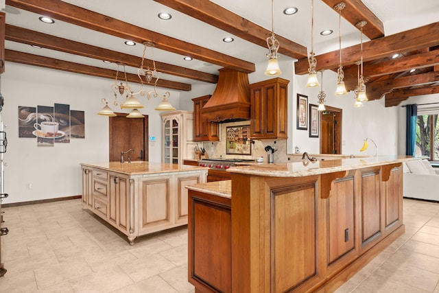 kitchen featuring recessed lighting, backsplash, premium range hood, beamed ceiling, and baseboards