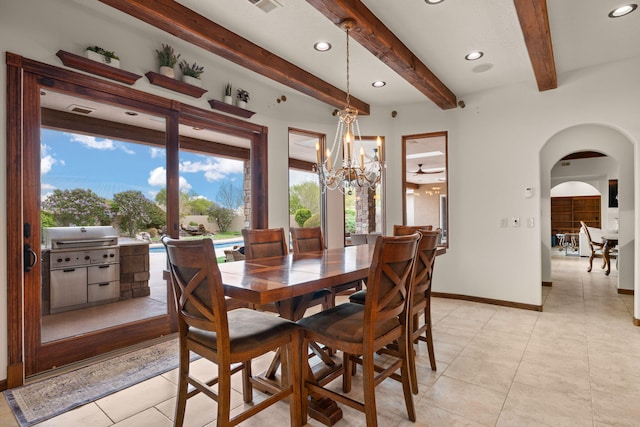 dining room featuring light tile patterned floors, recessed lighting, beam ceiling, and plenty of natural light