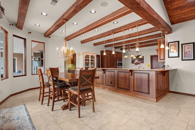dining area with recessed lighting, visible vents, baseboards, and beam ceiling