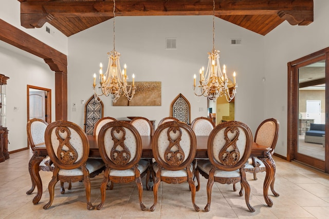 dining room featuring wooden ceiling, visible vents, a notable chandelier, and light tile patterned floors