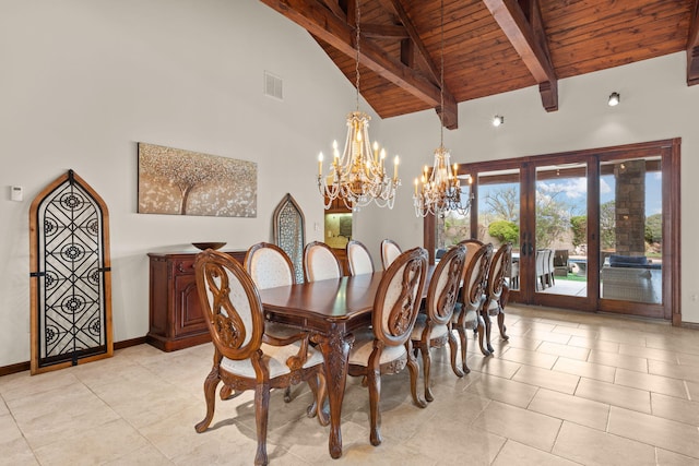 dining area with high vaulted ceiling, light tile patterned flooring, wooden ceiling, a notable chandelier, and beam ceiling