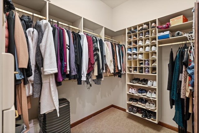 walk in closet featuring carpet flooring