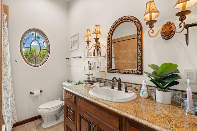 full bathroom featuring curtained shower, toilet, vanity, and tile patterned floors