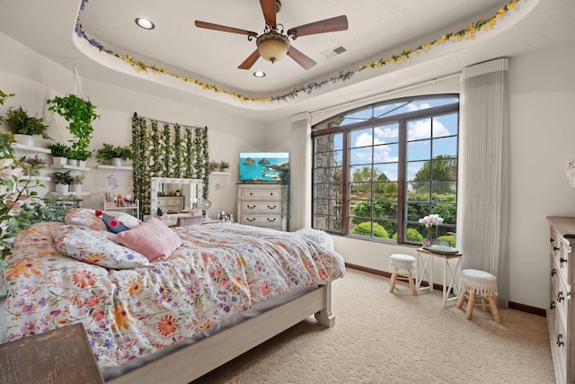 carpeted bedroom with recessed lighting, visible vents, baseboards, and ceiling fan