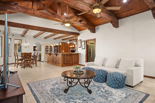 living room featuring wood ceiling, vaulted ceiling with beams, and ceiling fan with notable chandelier