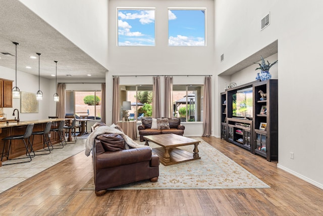 4024 Colina Roja Ln NE, Rio Rancho, NM 87124 - living area featuring plenty of natural light, light wood-style floors, a high ceiling, baseboards, and recessed lighting