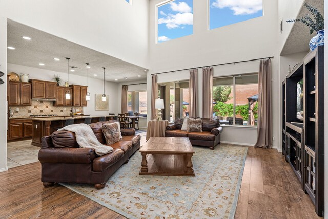 4024 Colina Roja Ln NE, Rio Rancho, NM 87124 - living room with wood finished floors, a high ceiling, recessed lighting, and baseboards