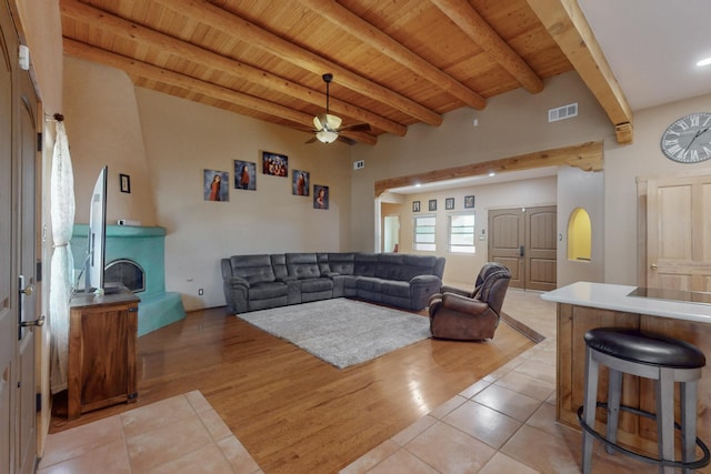living area featuring ceiling fan, beam ceiling, a fireplace with raised hearth, visible vents, and wood ceiling