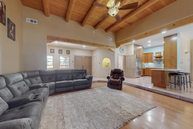 living room featuring wood ceiling, visible vents, beam ceiling, and light wood-type flooring