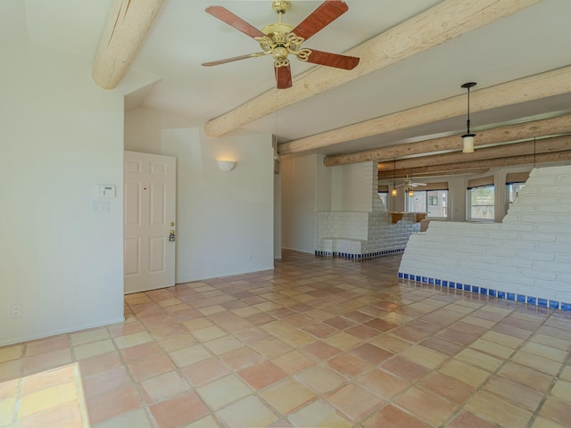 7417 Maplewood Dr NW, Albuquerque, NM 87120 - unfurnished living room featuring ceiling fan and beamed ceiling