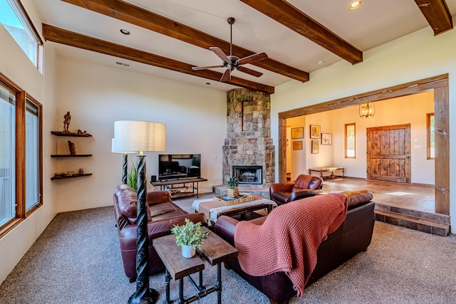 6 Storyteller Ct, Sandia Park, NM 87047 - living area featuring carpet flooring, beam ceiling, a stone fireplace, ceiling fan, and recessed lighting