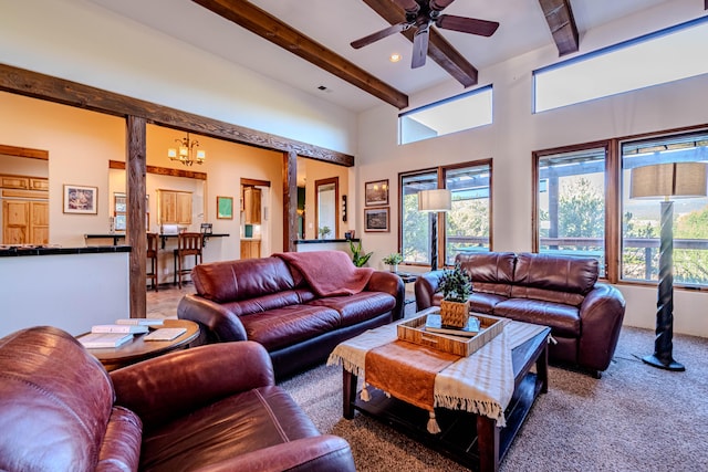 6 Storyteller Ct, Sandia Park, NM 87047 - living room featuring beam ceiling, a chandelier, carpet, ceiling fan, and recessed lighting