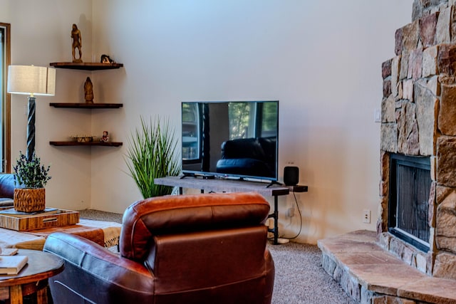 6 Storyteller Ct, Sandia Park, NM 87047 - living room featuring carpet floors and a fireplace