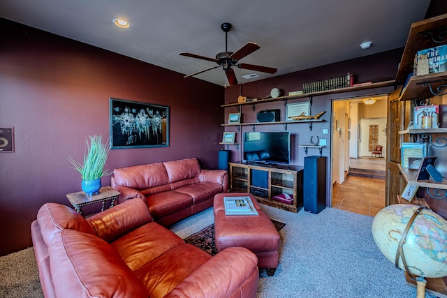6 Storyteller Ct, Sandia Park, NM 87047 - living room with carpet floors, a ceiling fan, and recessed lighting