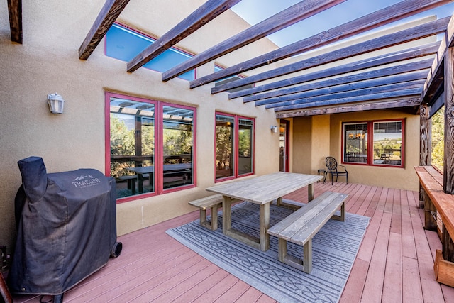 6 Storyteller Ct, Sandia Park, NM 87047 - wooden terrace featuring a pergola, outdoor dining area, and a grill