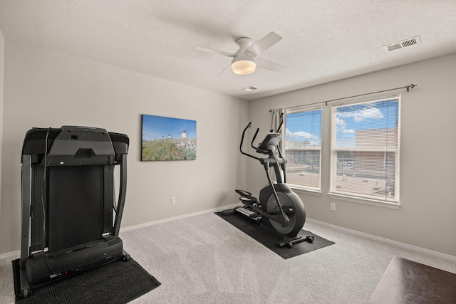 4201 High Mesa Rd SE, Rio Rancho, NM 87124 - exercise room with ceiling fan, carpet flooring, a textured ceiling, and baseboards
