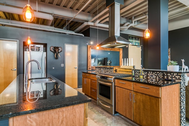 100 Gold Ave SW Unit 404, Albuquerque, NM 87102 - kitchen featuring island exhaust hood, stainless steel stove, brown cabinetry, finished concrete flooring, and fridge