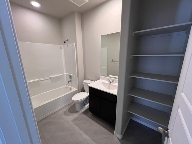 bathroom with visible vents, toilet, bathing tub / shower combination, tile patterned floors, and vanity