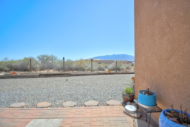 view of yard featuring a mountain view and a patio