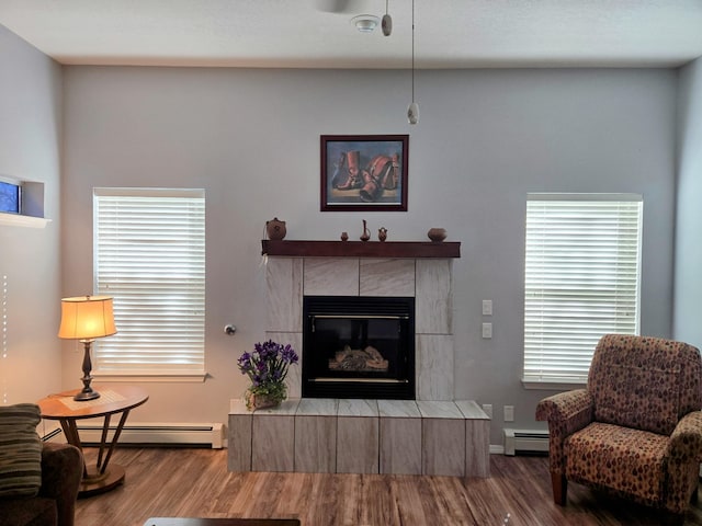 3404 Esplanade Pl SE, Rio Rancho, NM 87124 - living area with a baseboard heating unit, a fireplace, and wood finished floors