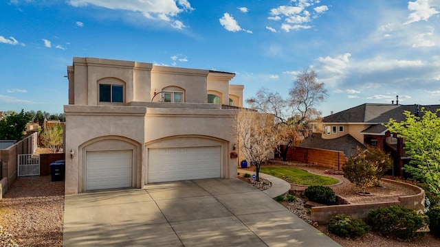 view of front of house featuring stucco siding, fence, and concrete driveway