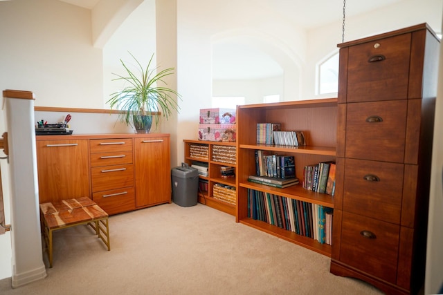 living area featuring light colored carpet and arched walkways