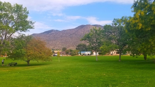 view of home's community featuring a mountain view and a yard