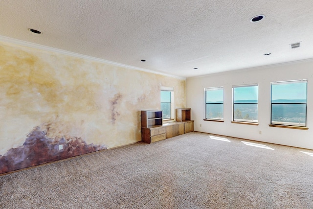 unfurnished living room with recessed lighting, carpet flooring, crown molding, visible vents, and a textured ceiling