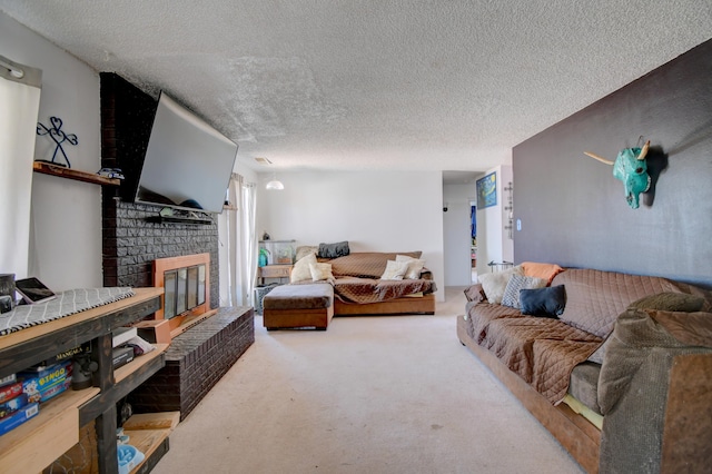 360 Knox Ct, Rio Communities, NM 87002 - living room with a brick fireplace, a textured ceiling, and carpet floors