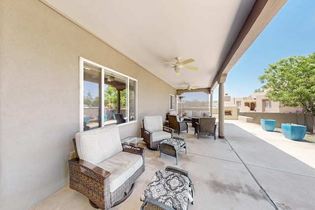 630 Barnett Rd, Bosque Farms, NM 87068 - view of patio featuring outdoor lounge area, fence, and ceiling fan