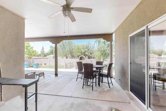 630 Barnett Rd, Bosque Farms, NM 87068 - view of patio / terrace with outdoor dining area, a fenced backyard, and a ceiling fan