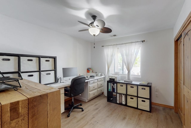 630 Barnett Rd, Bosque Farms, NM 87068 - office area featuring light wood-style flooring, ceiling fan, and baseboards