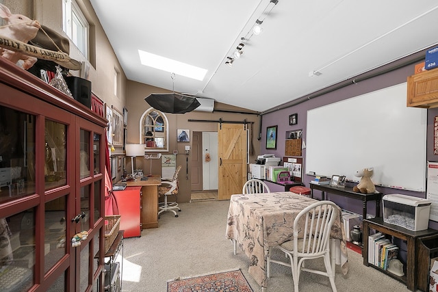 7 Wildwood Ln, Peralta, NM 87042 - interior space featuring lofted ceiling with skylight, a barn door, and light carpet
