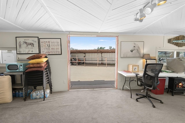 7 Wildwood Ln, Peralta, NM 87042 - office area featuring wood ceiling, a wealth of natural light, and carpet floors