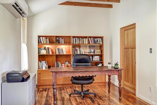 107 Rome Ln, Corrales, NM 87048 - home office featuring a wall mounted air conditioner, hardwood / wood-style flooring, and lofted ceiling
