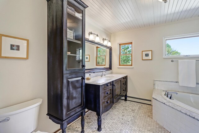 107 Rome Ln, Corrales, NM 87048 - full bathroom with baseboard heating, double vanity, a garden tub, crown molding, and wooden ceiling