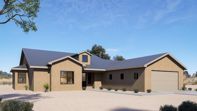 single story home with a garage, stucco siding, concrete driveway, a standing seam roof, and metal roof