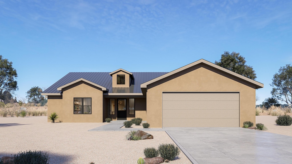 ranch-style house with concrete driveway, stucco siding, a standing seam roof, metal roof, and an attached garage